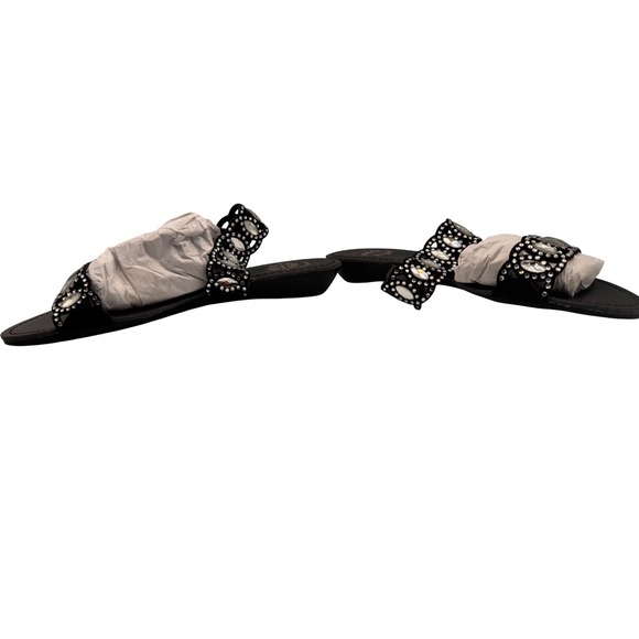 Yellow Box Premium P-Warlow Black Leather Jeweled Rhinestone Slide Sandals 6.5 M - Picture 2 of 6